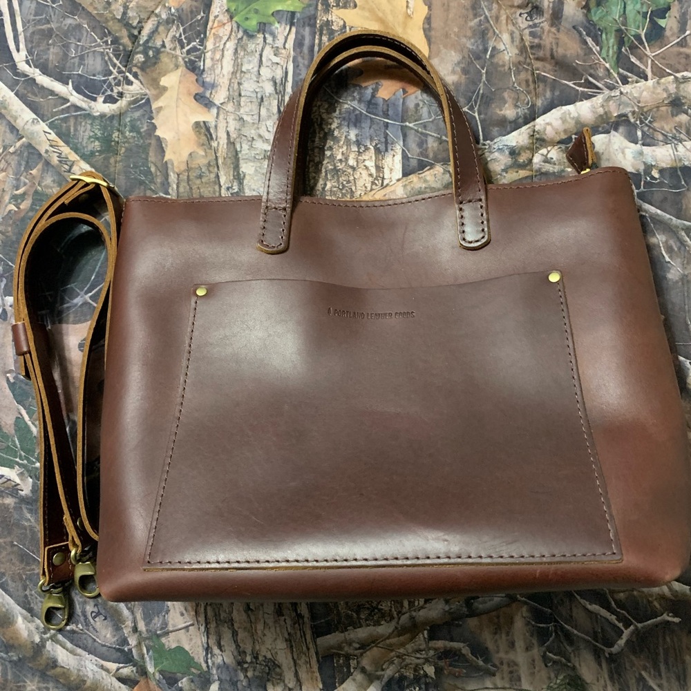 Portland Leather Goods medium crossbody tote with zipper. Cognac